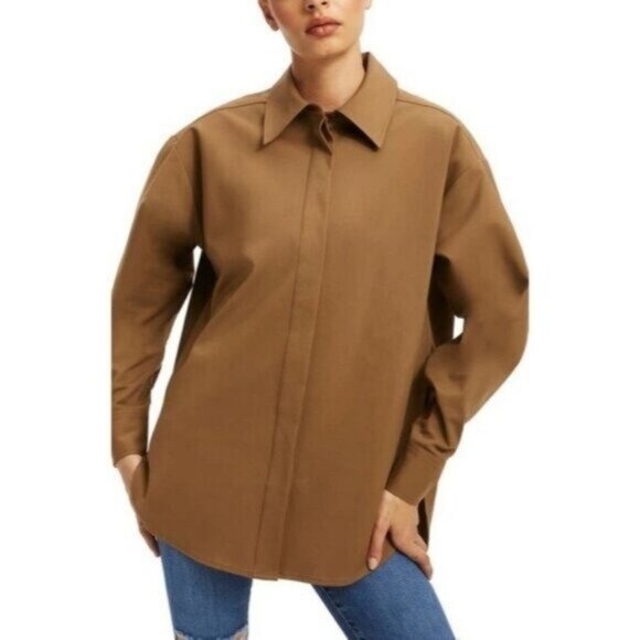 GOOD AMERICAN Size 3 Large Cotton Blend Button Down Shirt In Sepia - Picture 7 of 8